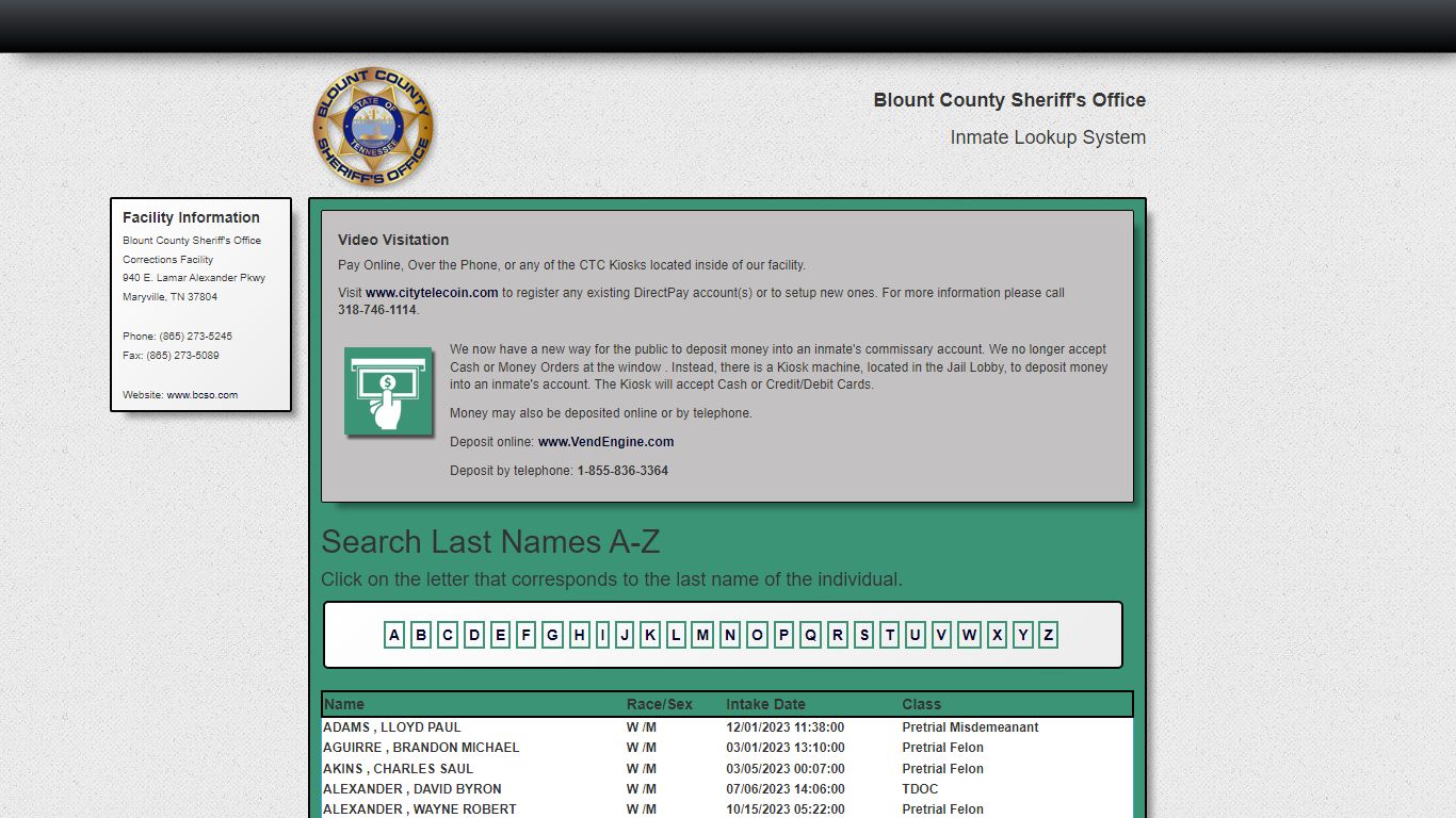 Search A-Z - Currently Booked - BCSO